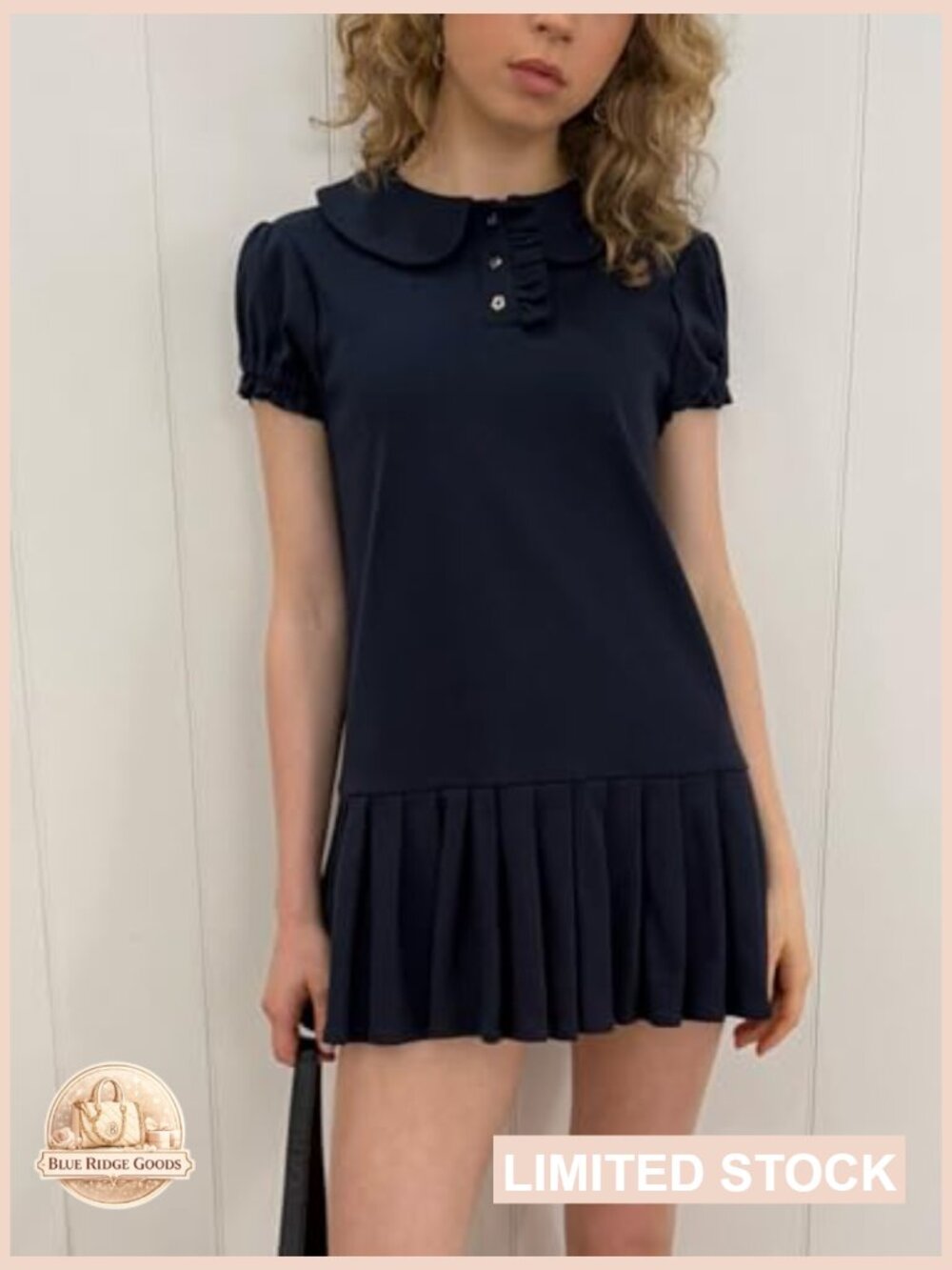 Puff Sleeve Pleated Mini Dress Peter Pan Collar Button Down A-Line Casual Summer - Picture 6 of 7
